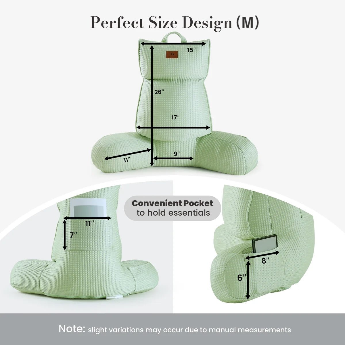 Medium Size measurement of Cozy Bliss sage green backrest reading pillow. #color_Sage Green