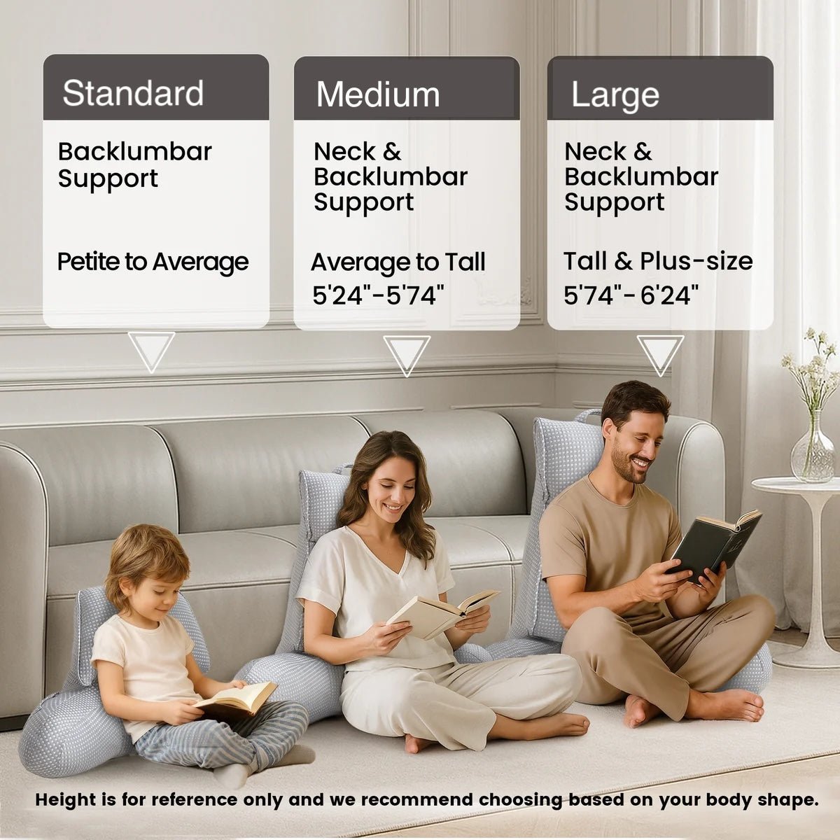 Family sitting on a couch with cushions labeled 'Standard', 'Medium', and 'Large' for back and neck support.