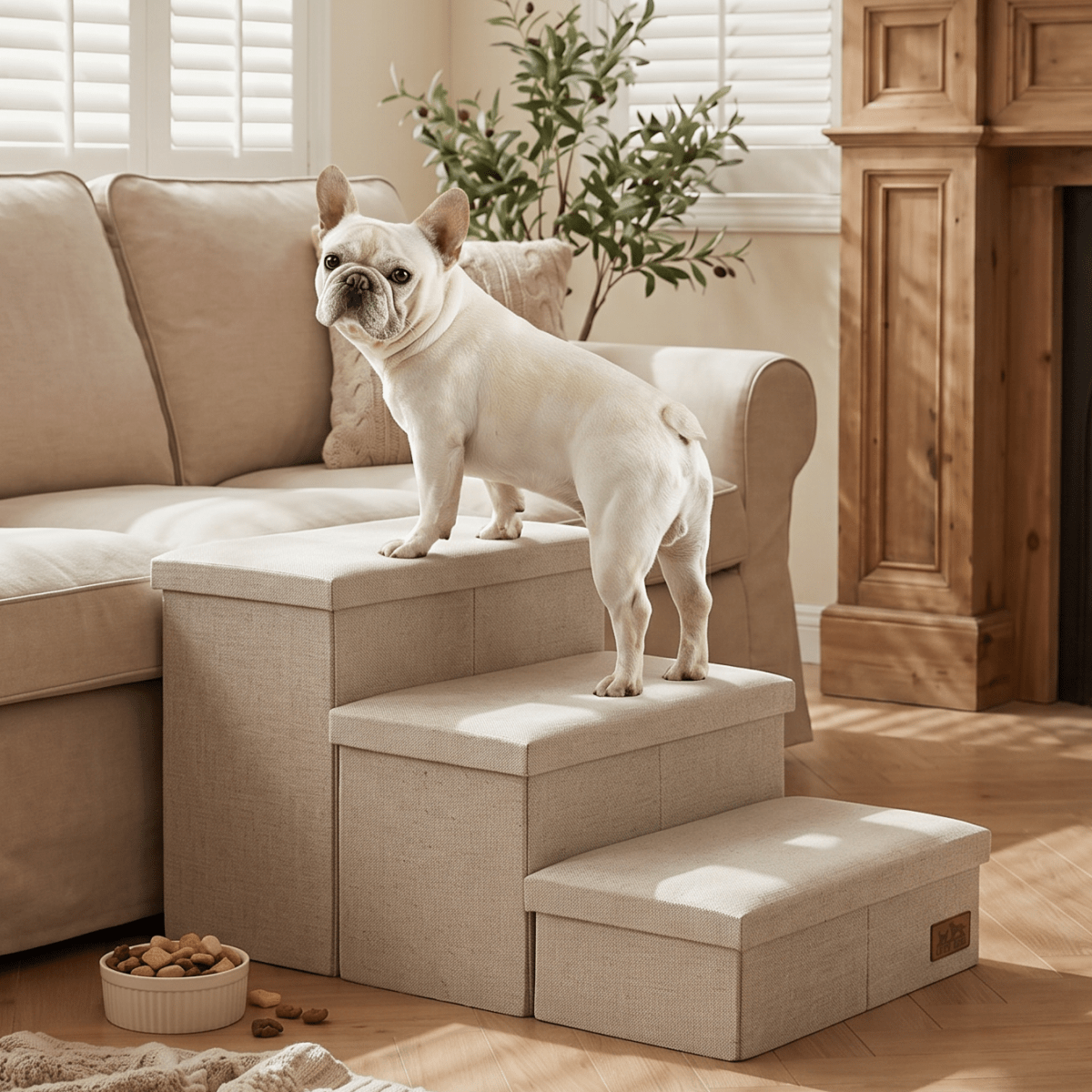 Cozy Bliss 3 Step Arthritis Prevention Storage Pet Stairs in Beige with a dog stepping on it by the sofa. #color_Beige