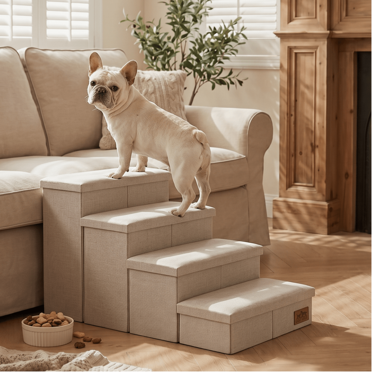 Cozy Bliss 4 Step Arthritis Prevention Storage Pet Stairs in Beige with a dog stepping on it by the sofa. #color_Beige