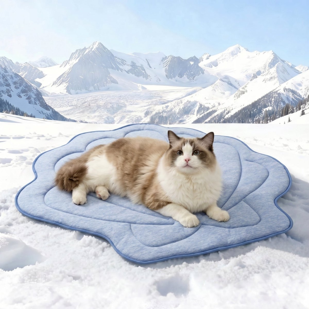 Cat sitting on a blue shell shape cooling mat in a living room.#color_Misty Blue