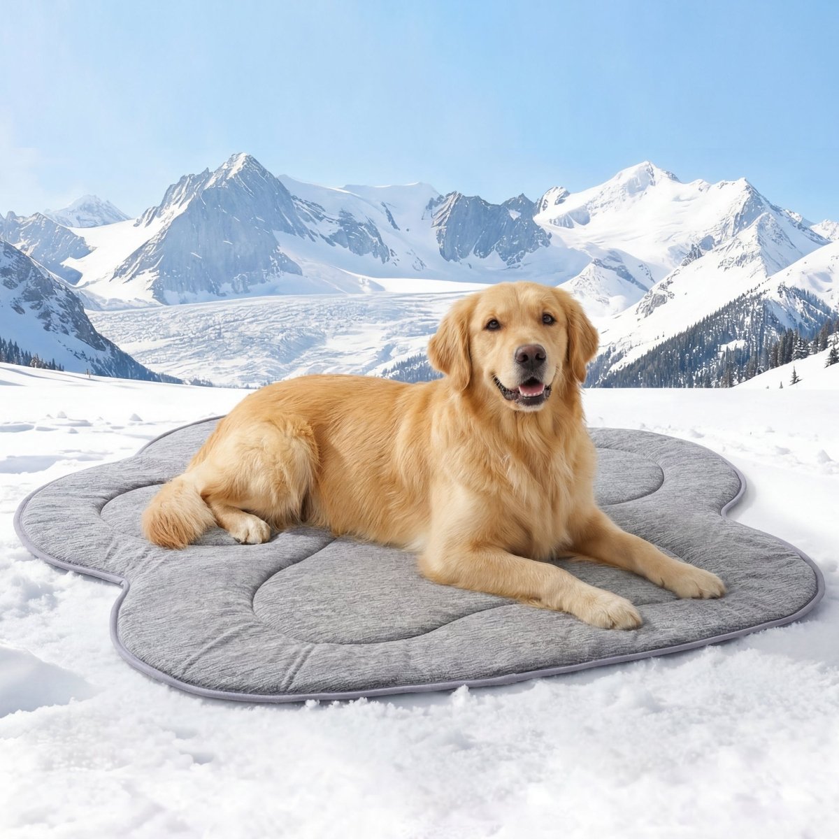 Puppy sitting on a cloud-shaped mat in a living room.#color_Grey