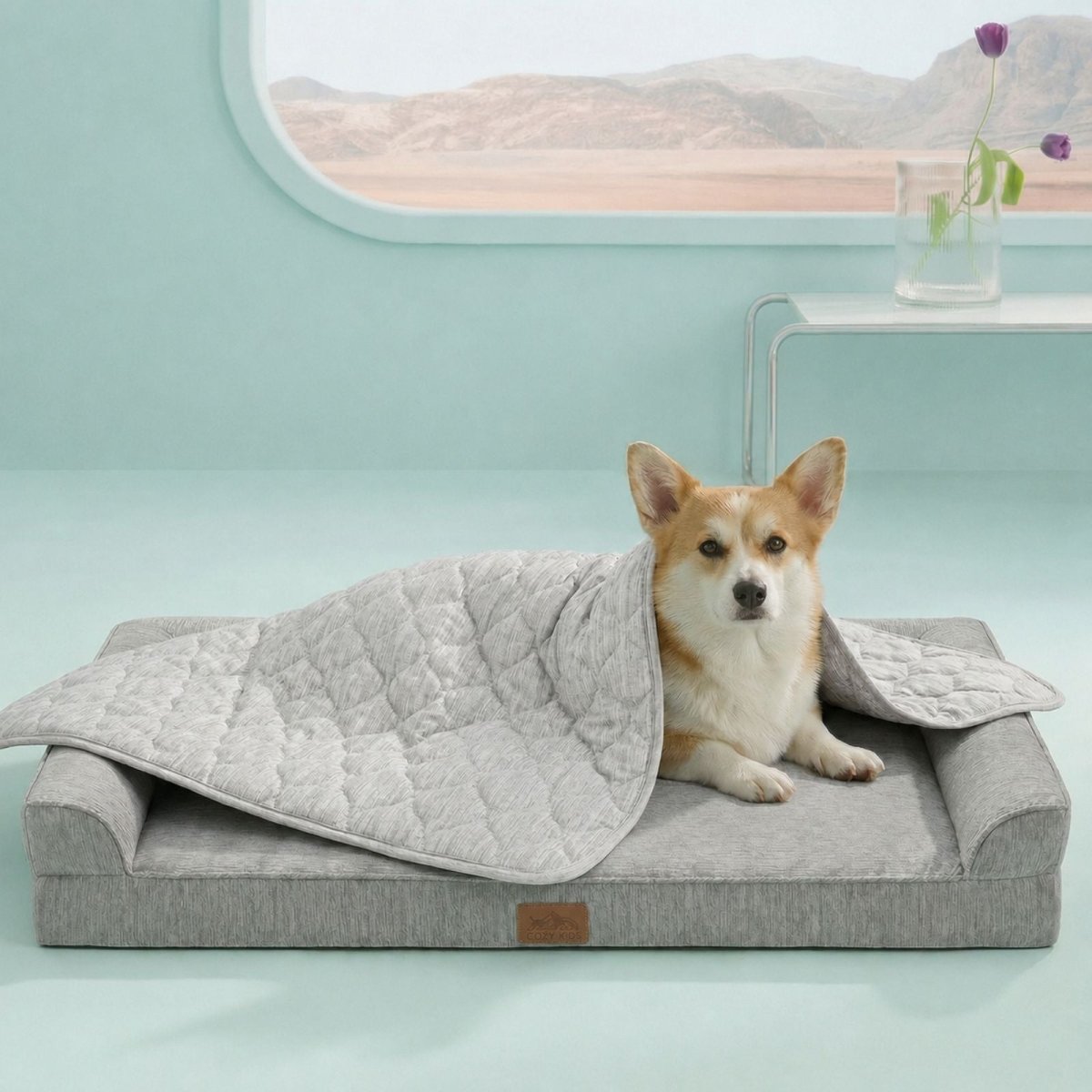 Cozy Bliss pet cooling blanket front view with Dog sitting on it. #color_Light Grey