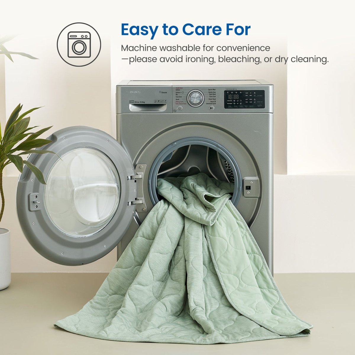 Sage green Cozy Bliss dual-sided cooling comforter in washing machine, machine washable and easy to care.  #color_Sage Green