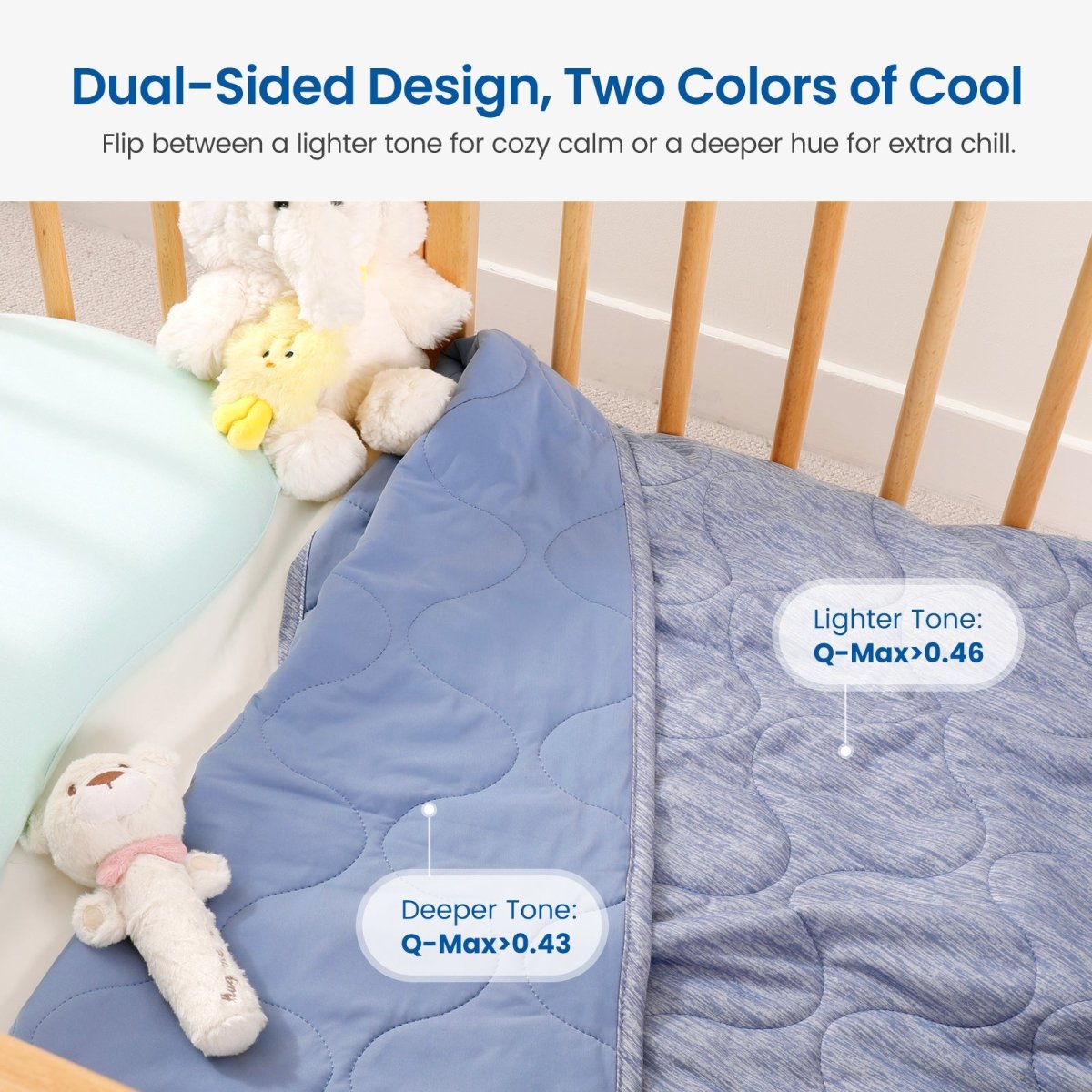Dark Blue Cozy Bliss dual-sided cooling comforter, lighter tone for cozy warm and deeper hue for extra cool. #color_Dark Blue
