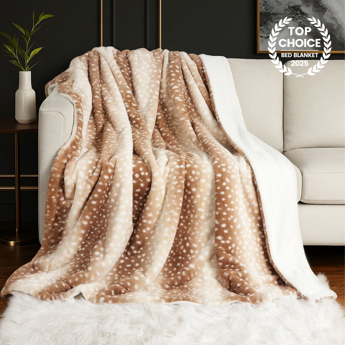 Faux fur blanket with deer pattern front view. #Color_Brown Sherpa Deer
