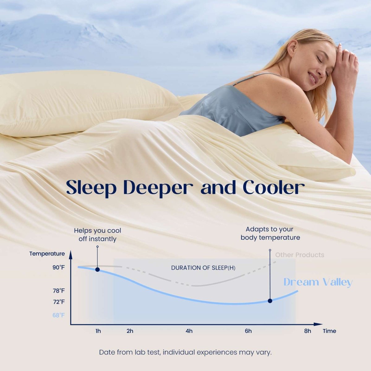 Adult sleeping on Outlast® Performance Cooling Sheet Set, highlighting cooling comfort for hot sleepers and warm nights. #color_Beige