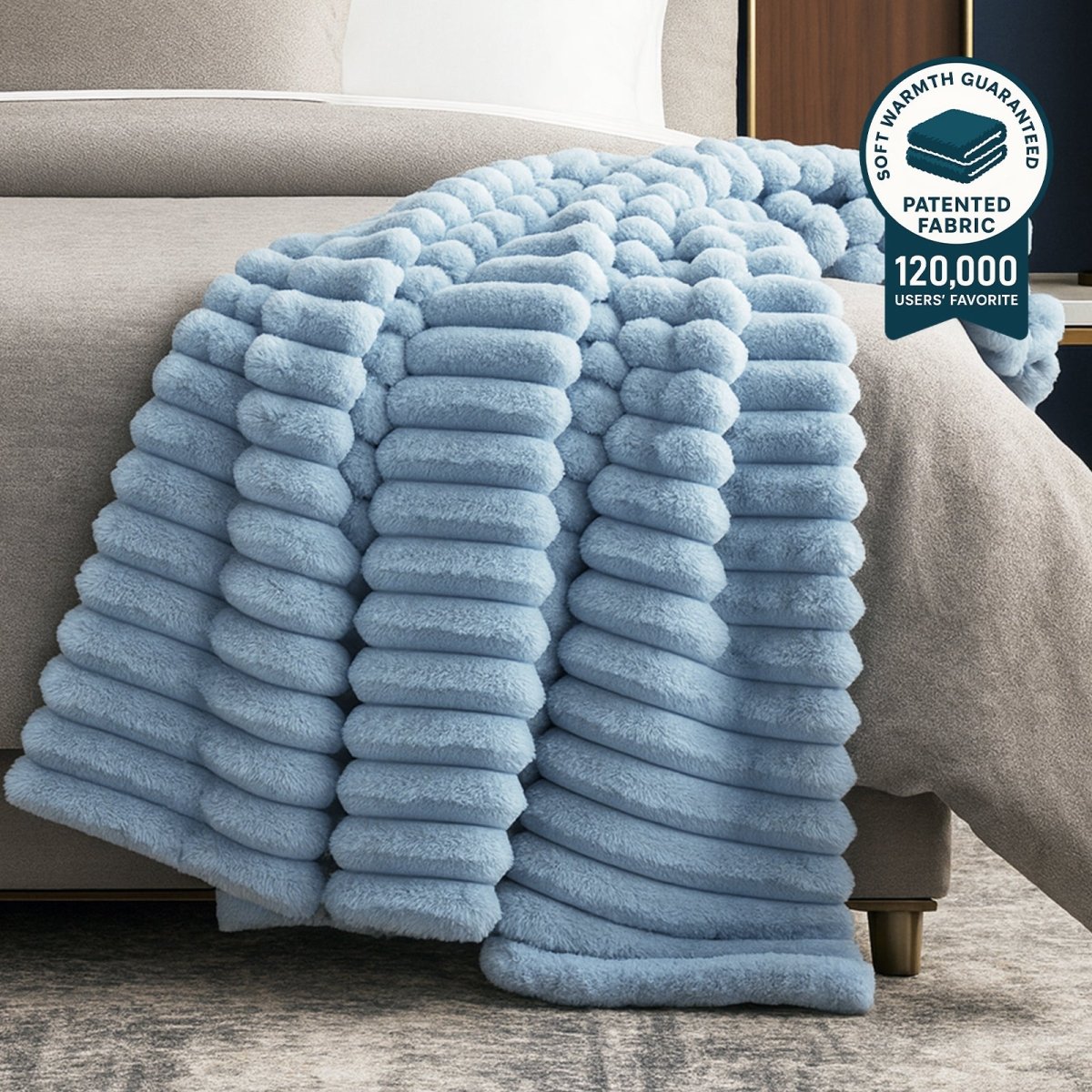 Ultra Chunky Striped Faux Fur Throw Blanket in light blue front view. #color_Misty Blue