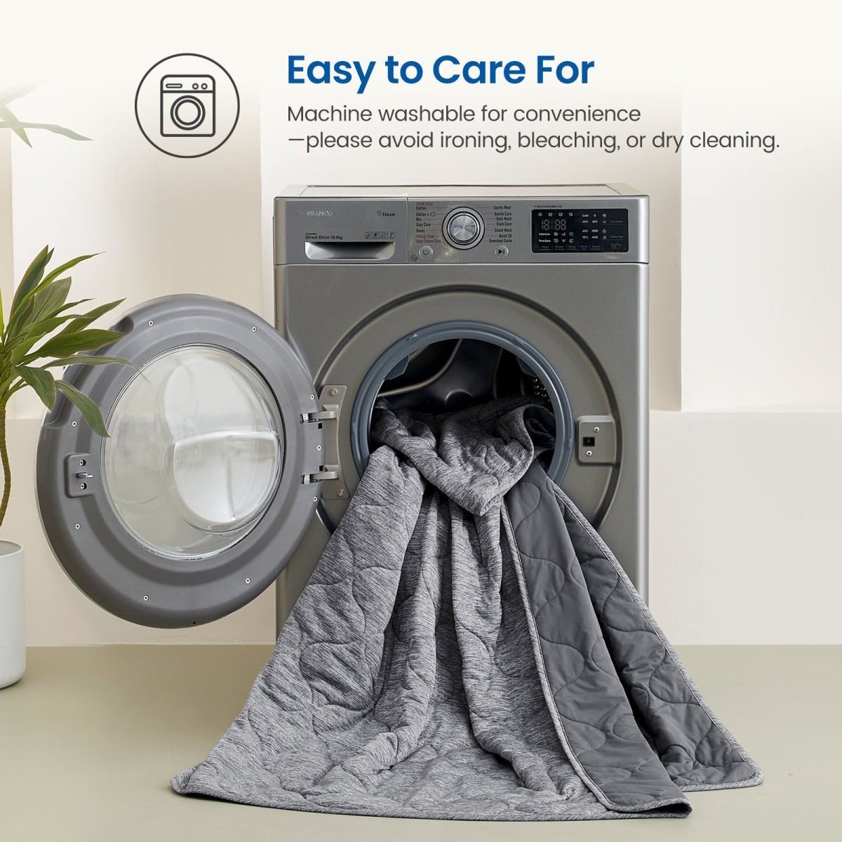 Charcoal grey Cozy Bliss dual-sided cooling comforter in washing machine, machine washable and easy to care.  #color_Charcoal Grey
