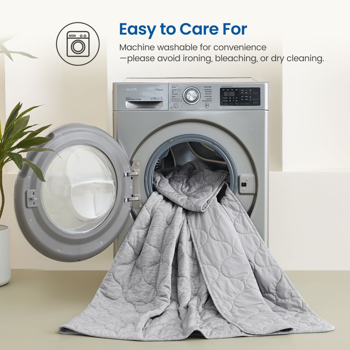Light grey Cozy Bliss dual-sided cooling comforter in washing machine, machine washable and easy to care.  #color_Light Grey