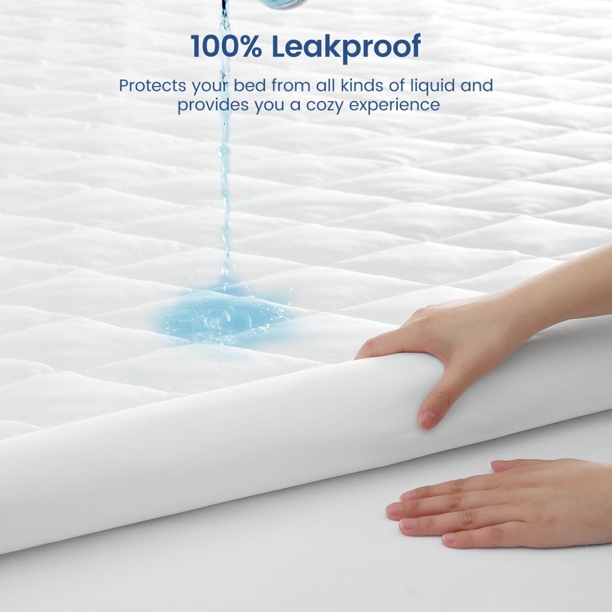 Mattress protector with water being poured onto it, showing its leakproof feature. #color_Off White