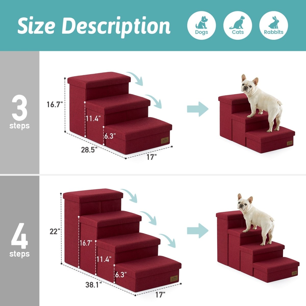 Size description chart for 3-step and 4-step Cozy Bliss storage pet stairs with detailed height and width measurements. #color_Christmas Red
