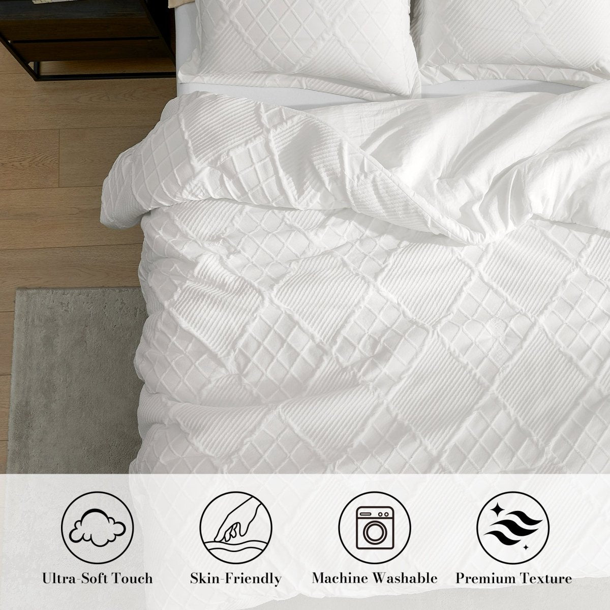 Top-down view of the ultra-soft diamond jacquard comforter with skin-friendly and machine washable fabric #color_Off White