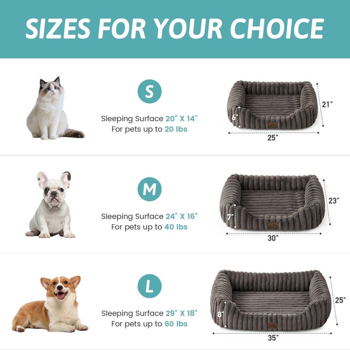 Dog and cat bed size chart with dimensions and weight capacity for different sizes.#Color_Grey