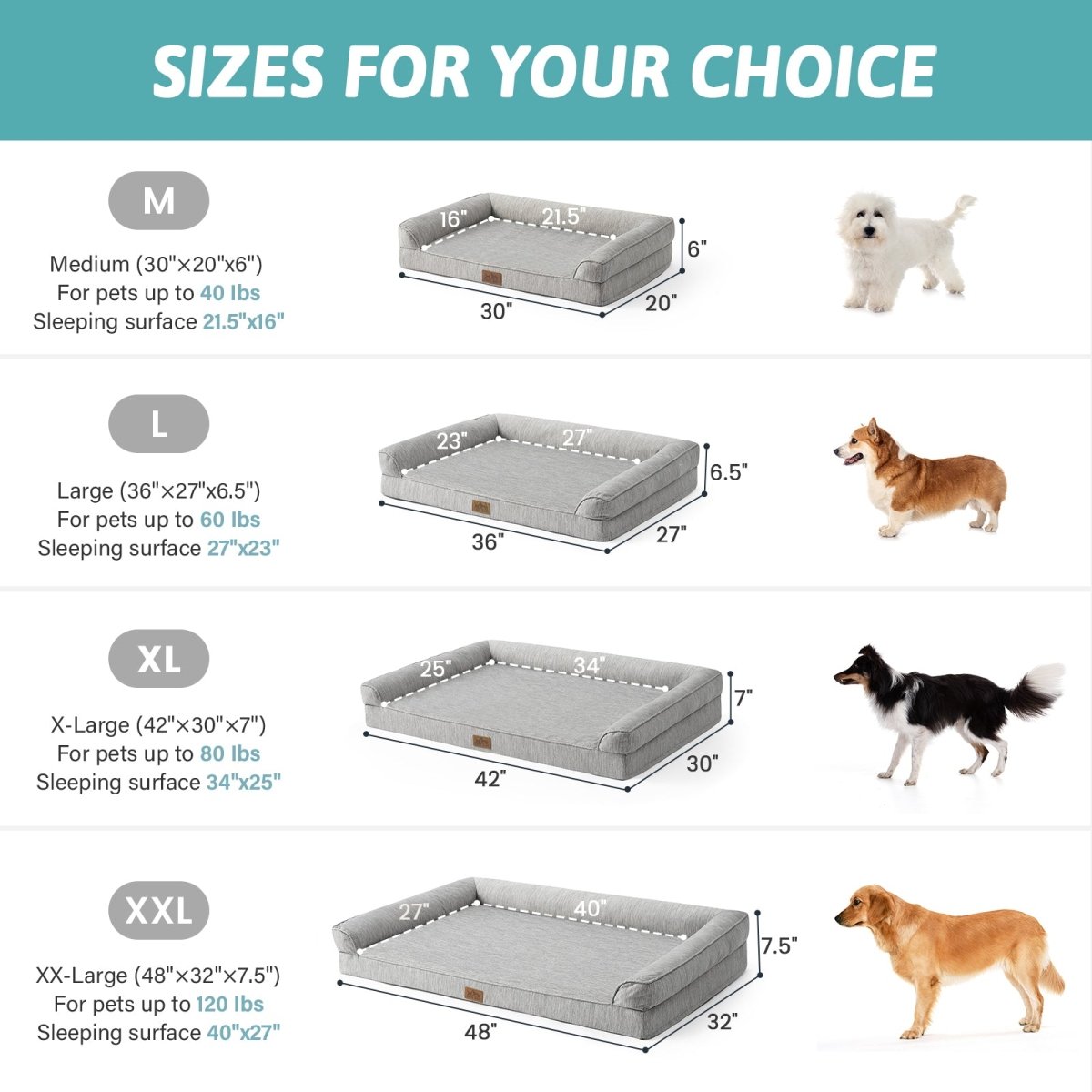 Dog bed size chart with measurements and dog illustrations for different sizes.#color_Grey