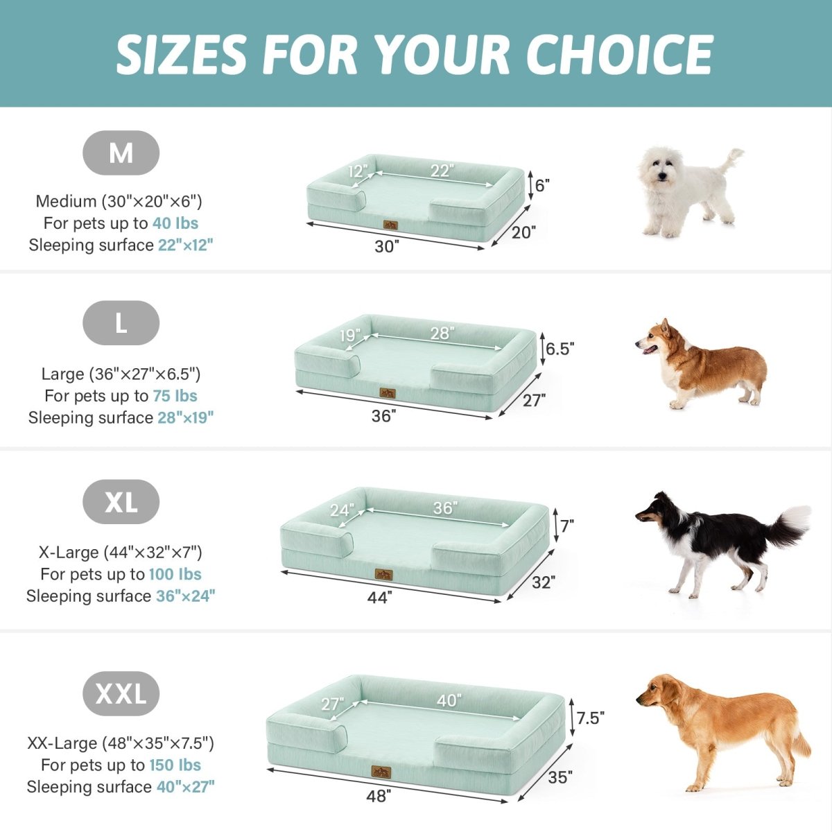 Dog bed size chart with dimensions and weight capacities for different sizes.#color_Light Mint Green