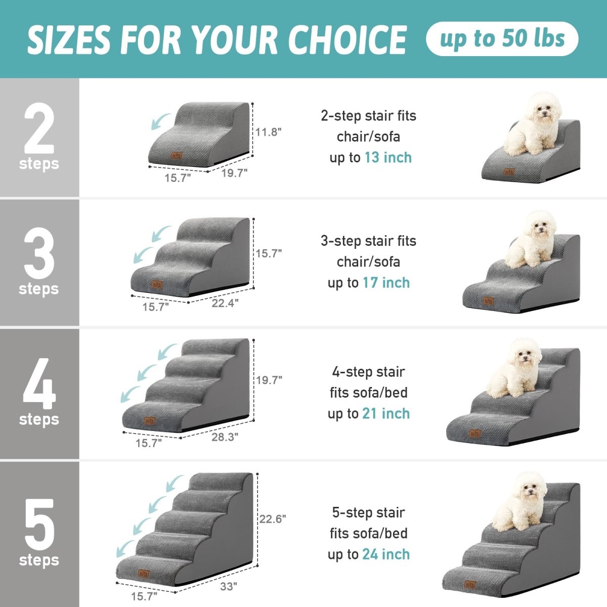Dog stair climbers with size chart and dog illustrations on a teal background#Color_Grey