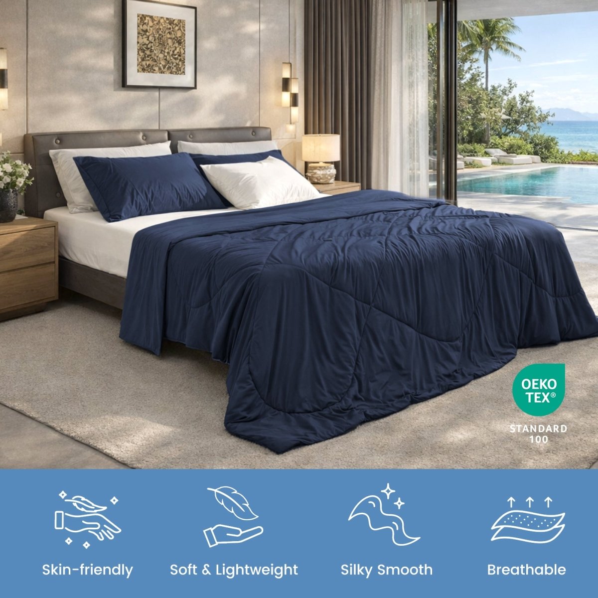 Navy blue Cloud-like extra cooling comforter on bed in luxury bedroom with ocean view, soft breathable lightweight bedding, OEKO-TEX certified #Color_Navy Blue