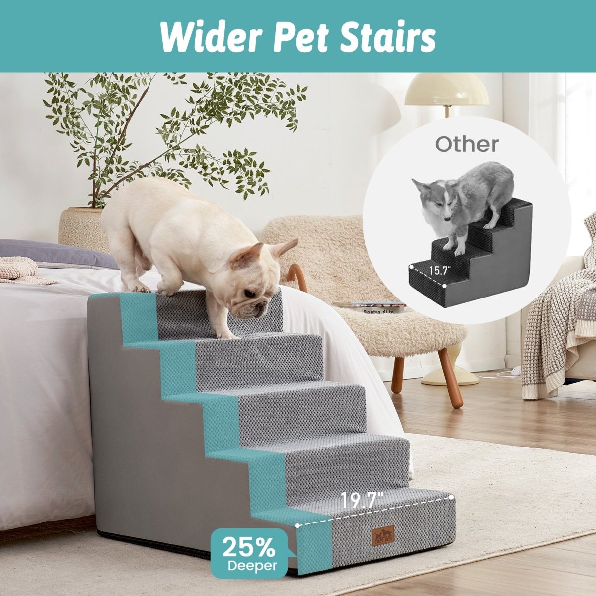 Wider Cozy Bliss foam pet stairs with 25% deeper steps compared to others for better stability. #color_Light Grey