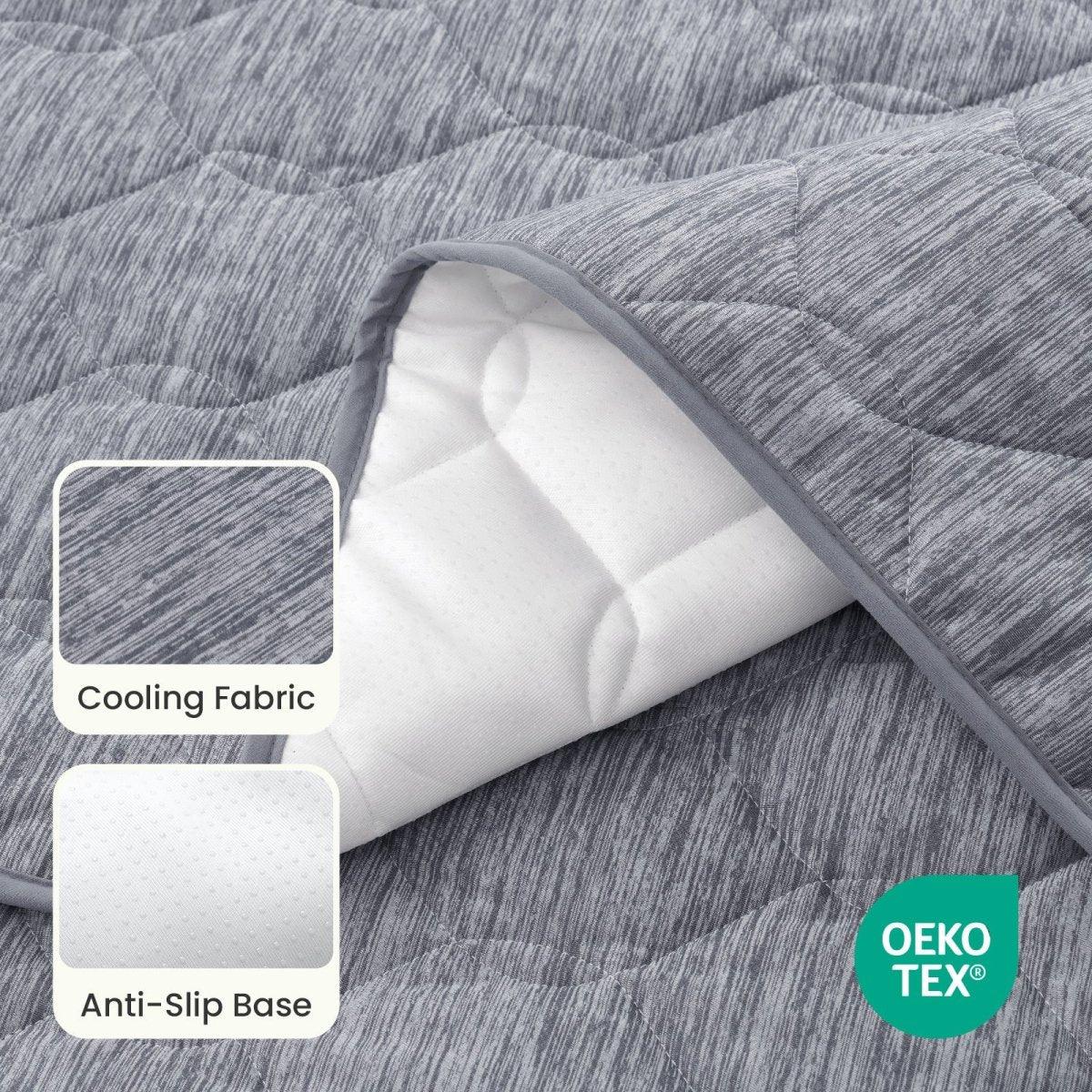 Close up of OEKO-TEX certified Blue couch cover fabric with cooling fabric and anti-slip base.#Color_Dark Grey