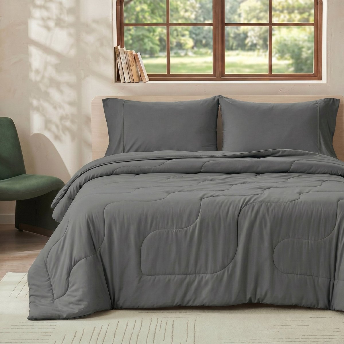 Cozy Bliss Sorona® Natural Fiber Ultra Breathable Cooling Comforter in front view.#color_Charcoal Grey
