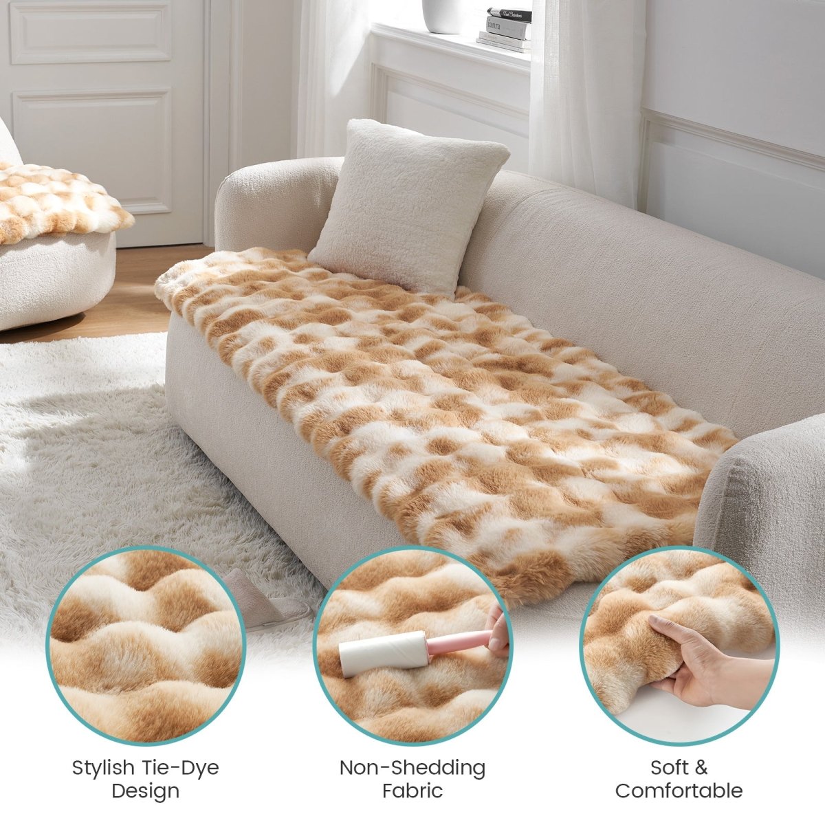 Brown tie-dye couch cover on a sofa with close-up details of fabric texture and care.#color_Tie-dye Brown