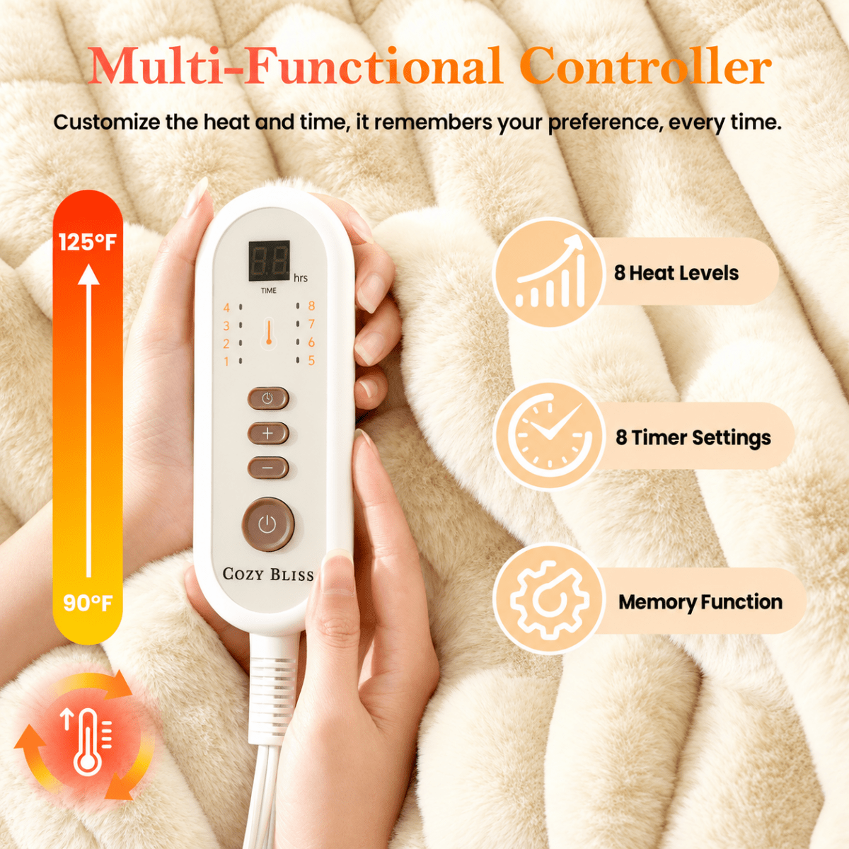 Close up of the multi-functional controller on Cozy Bliss ivory heated faux fur blanket