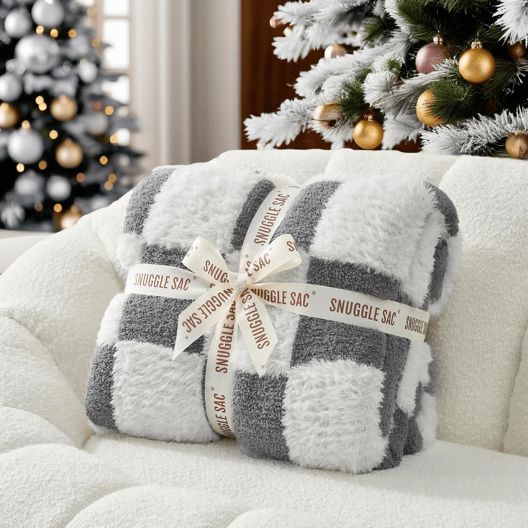 Checkered Faux Fur Feather Yarn Throw Blanket in Grey & White neatly folded with ribbon, perfect for gifting. #color_Grey & White