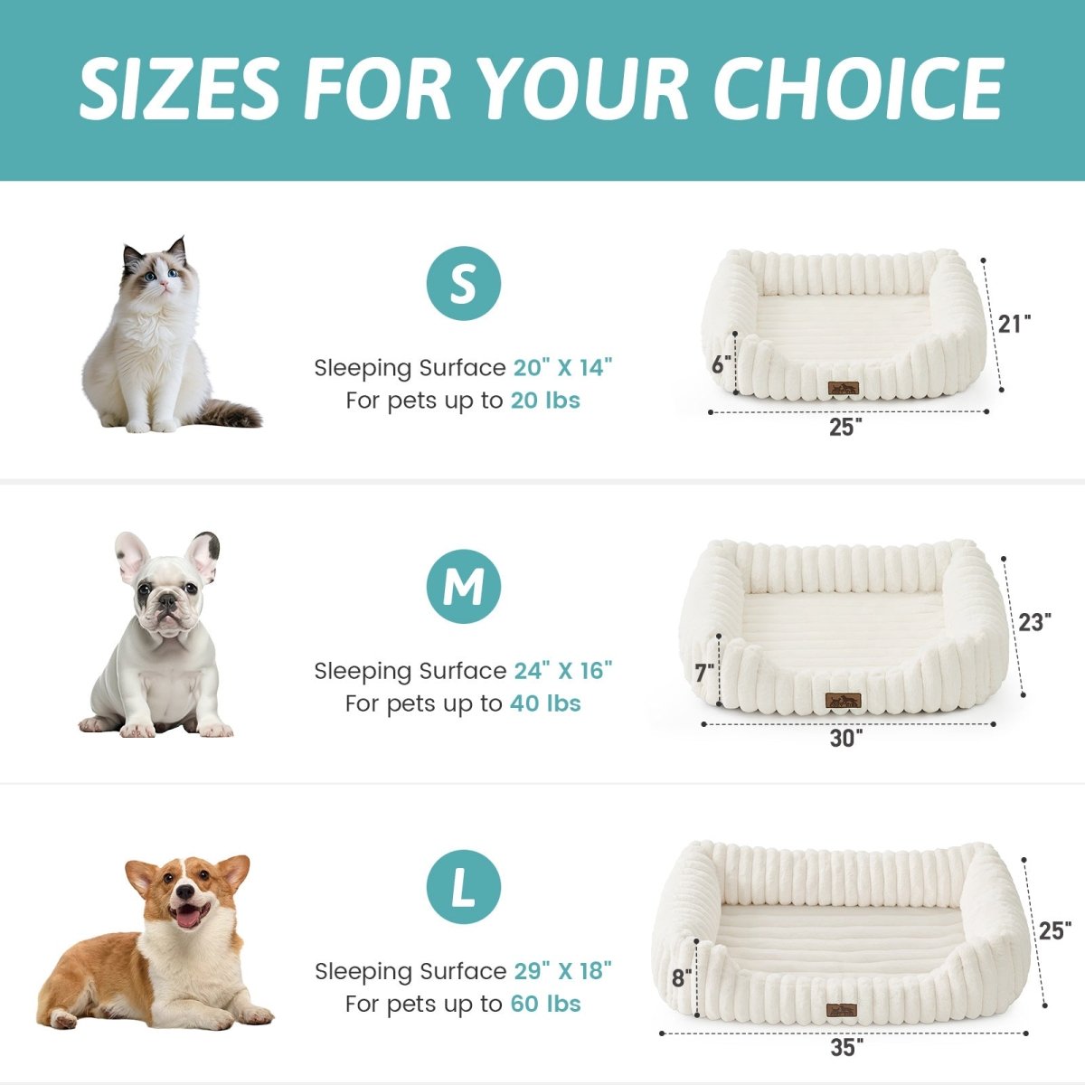 Dog and cat bed size chart with dimensions and weight capacity for different sizes.#Color_Cream White