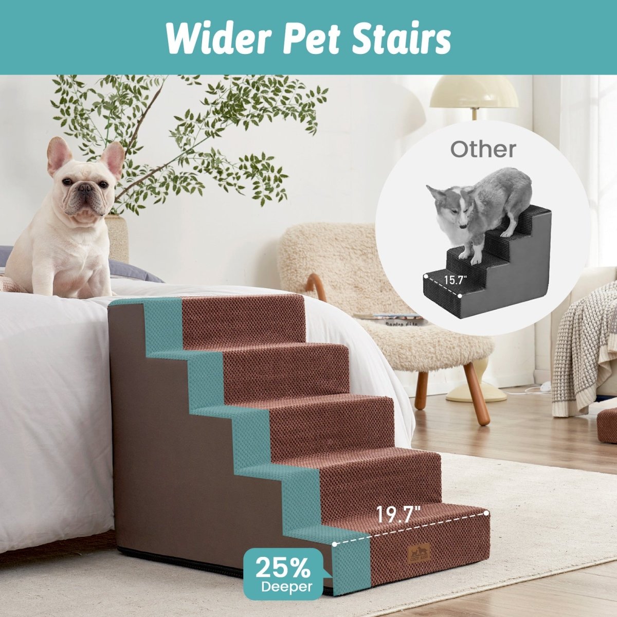 Wider Cozy Bliss foam pet stairs with 25% deeper steps compared to others for better stability. #color_Brown