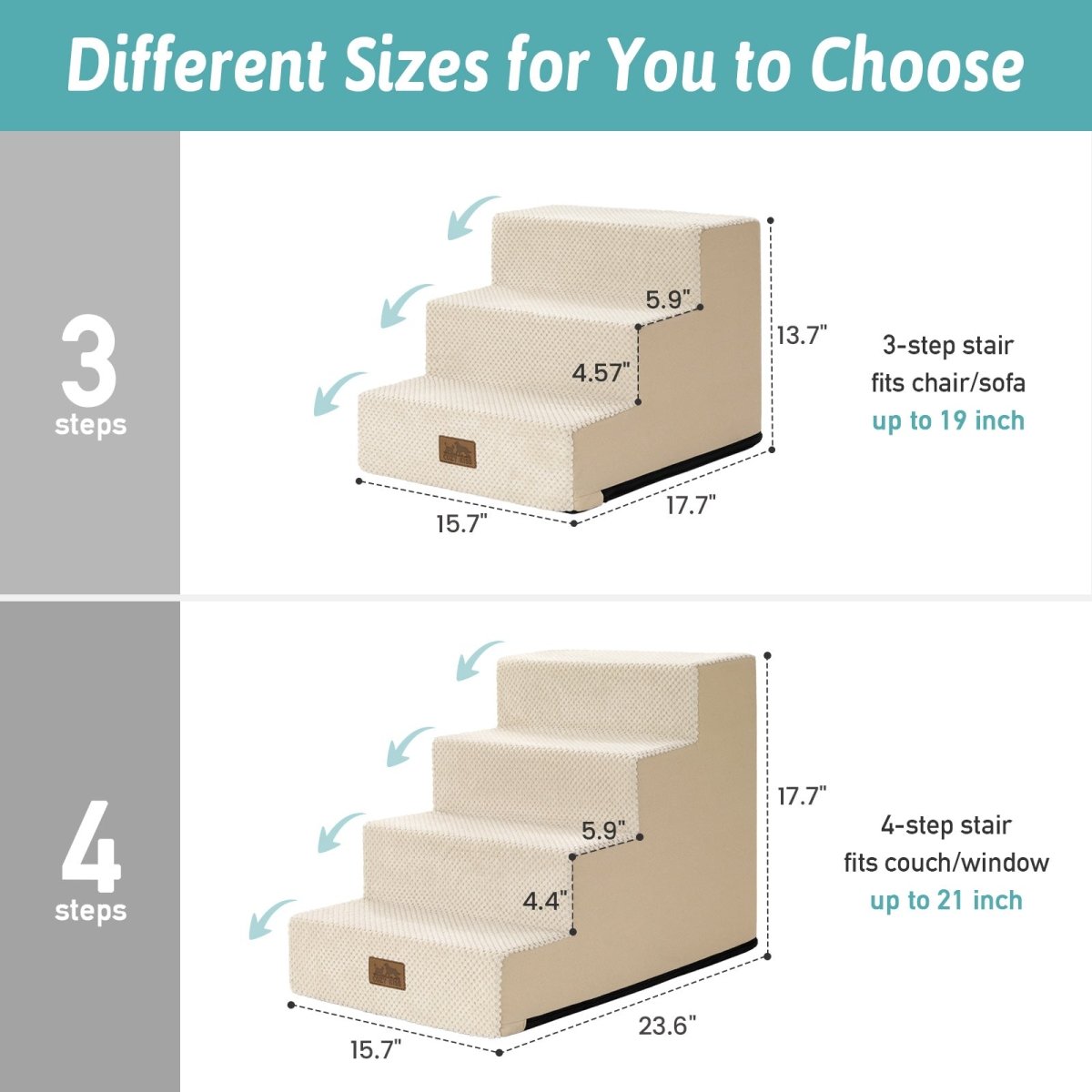 Different sizes of 3-step and 4-step Cozy Bliss foam pet stairs with detailed height measurements. #color_Beige