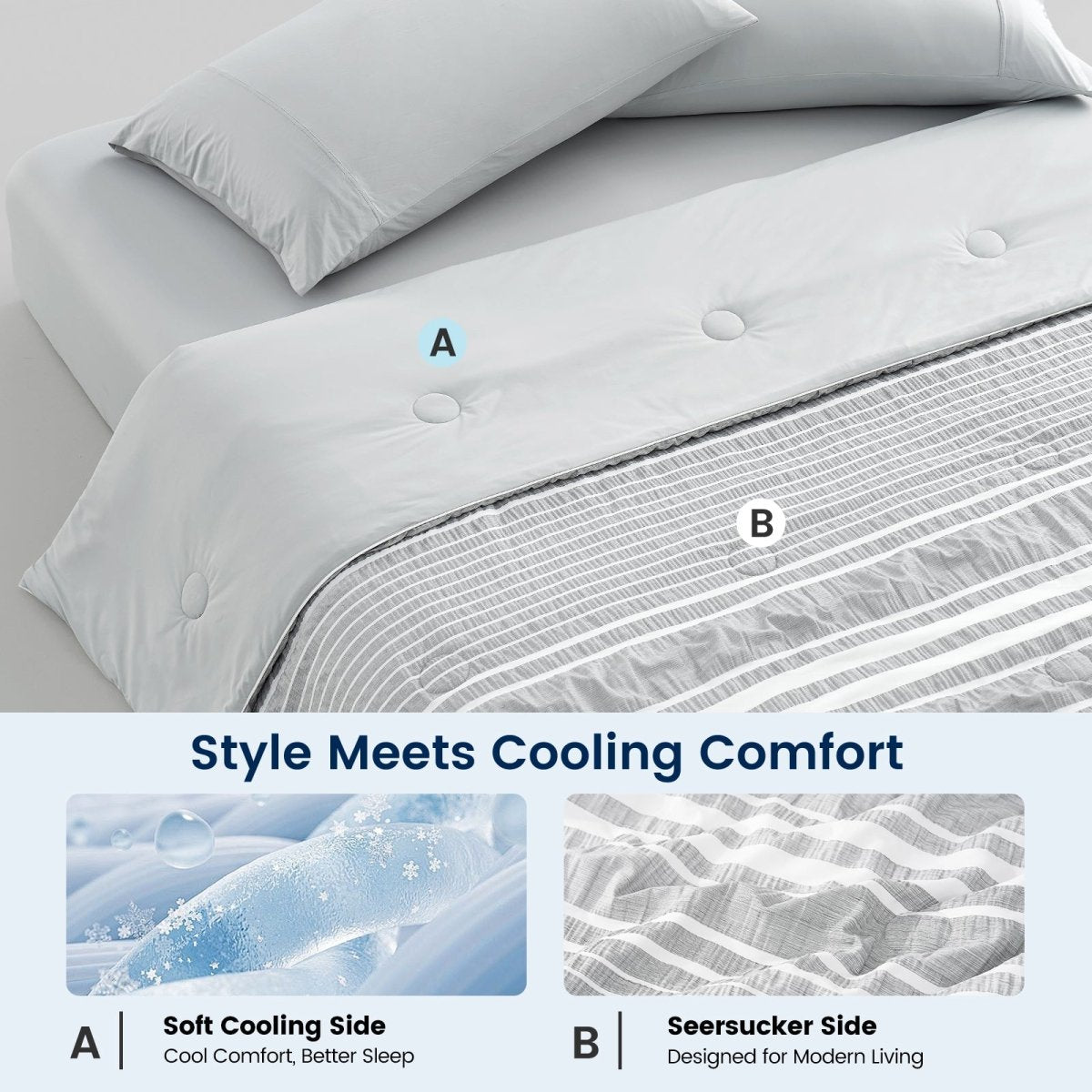 Cozy Bliss cationic dyed striped seersucker cooling comforter in Light Grey with dual-sided cooling design #color_Light Grey