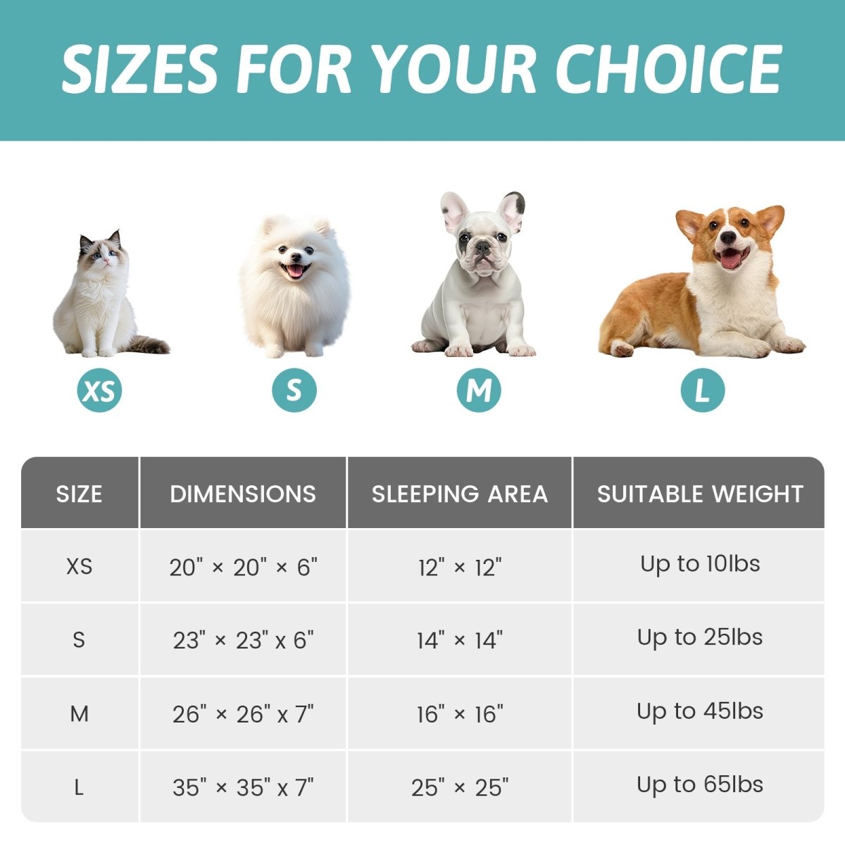 Dog bed size chart with images of dogs and dimensions