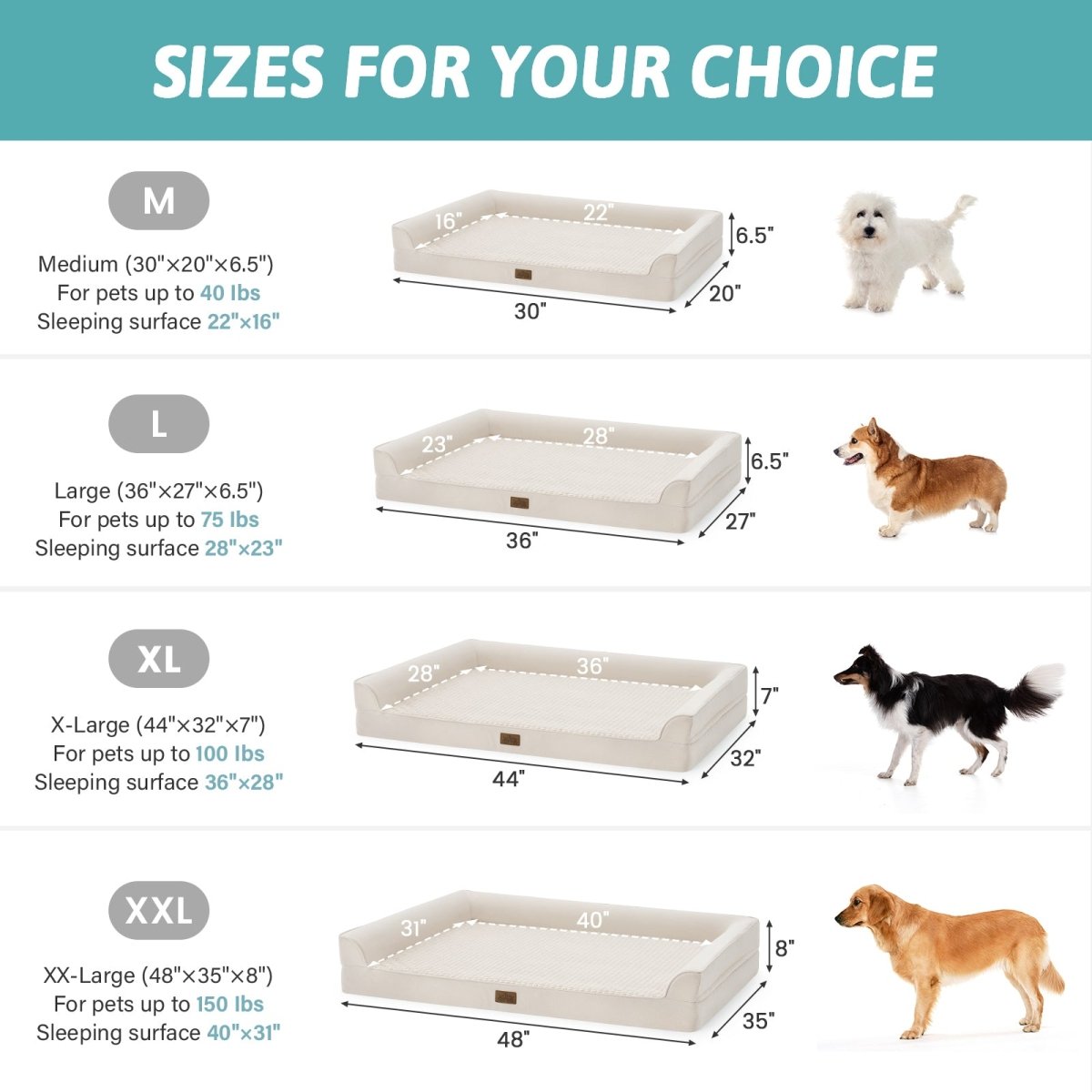 Dog bed size chart with dimensions for small, medium, large, and x-large sizes. #Color_Beige 