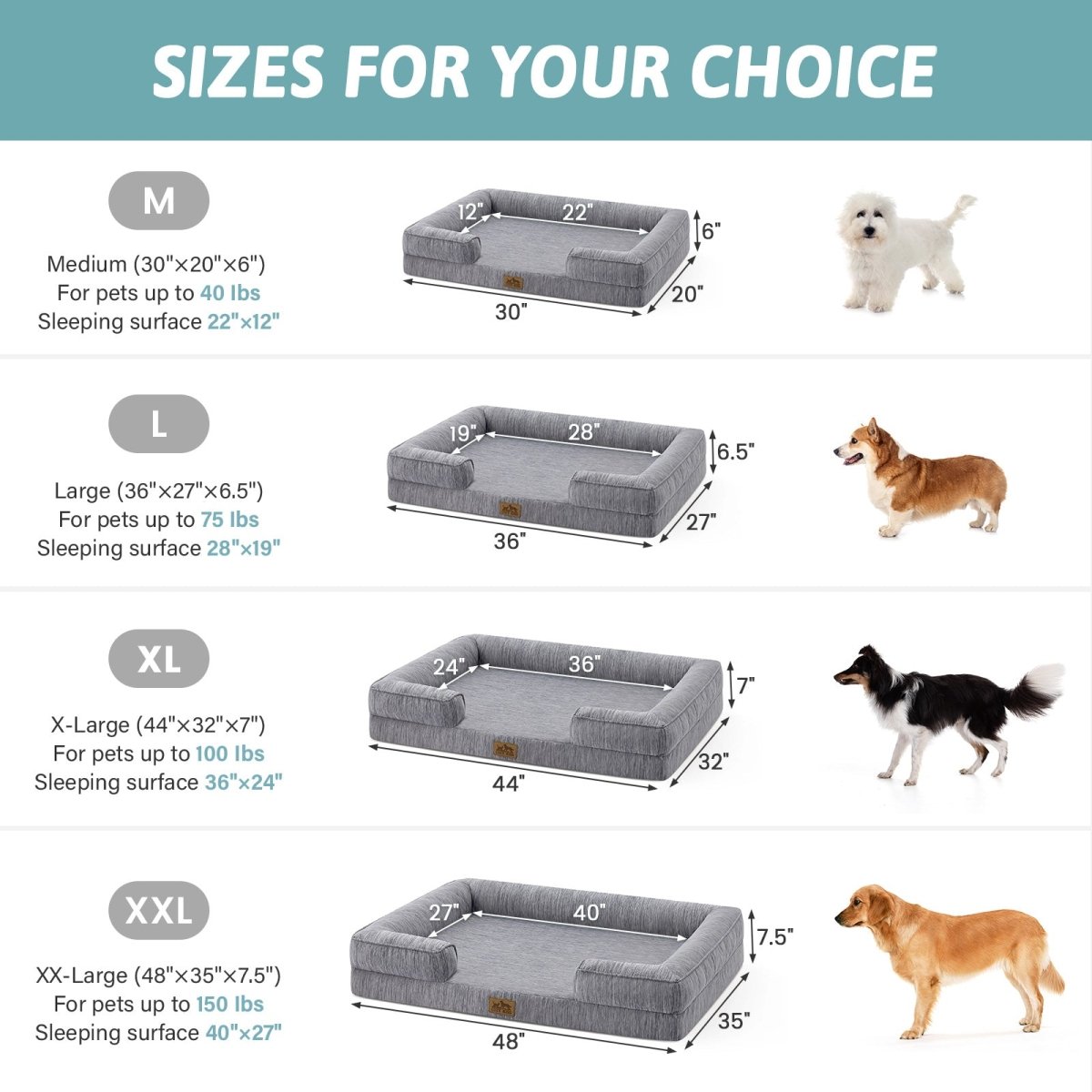 Dog bed size chart with measurements and corresponding dog breeds for each size.#color_Dark Grey