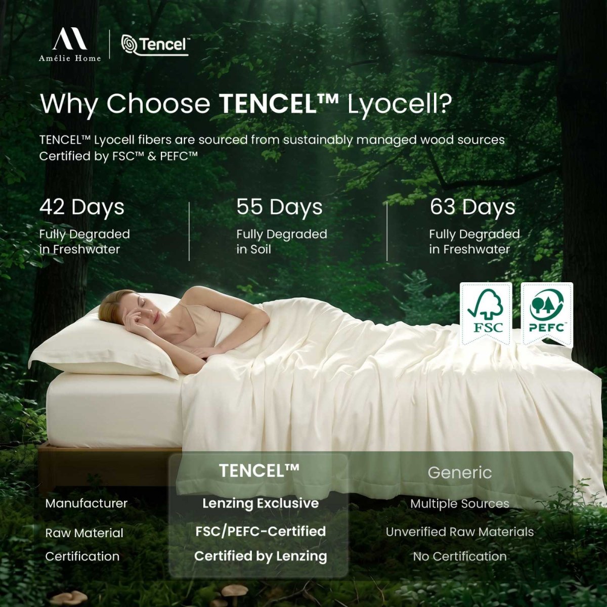 Adult sleeping under Cozy Bliss Tencel™ Eco-friendly Silky Duvet Cover Set, illustrating TENCEL™ Lyocell certification and sustainability benefits. #color_Cream White