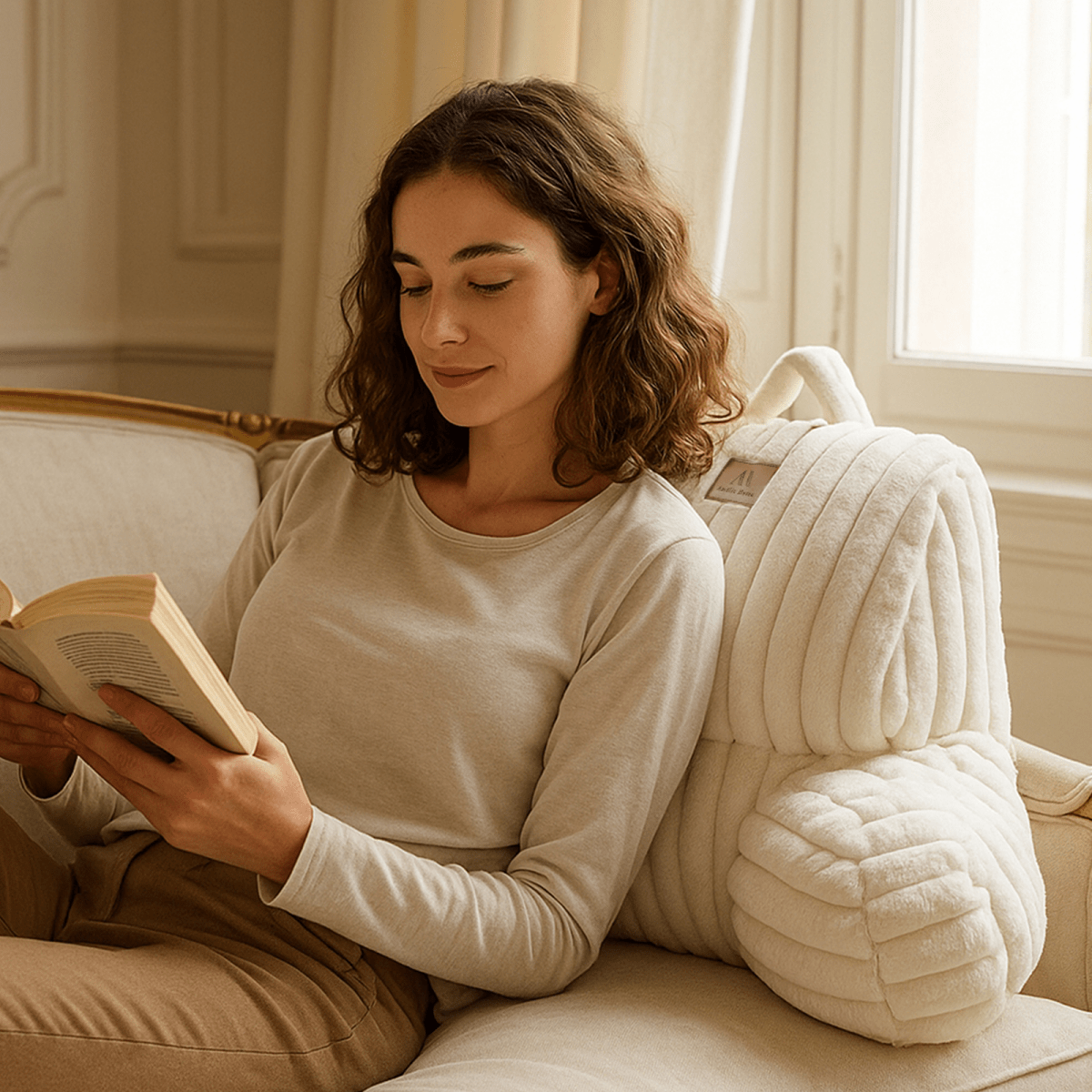 Woman reading a book on a bed with a reading pillow #color_Ivory