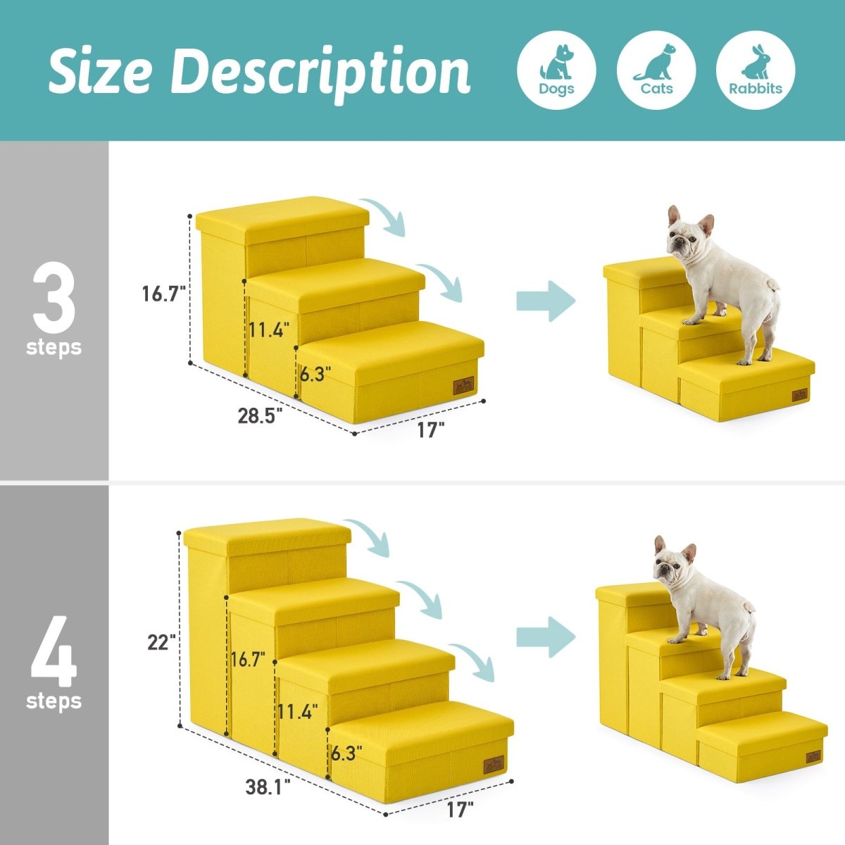 Size description chart for 3-step and 4-step Cozy Bliss storage pet stairs with detailed height and width measurements. #color_Yellow