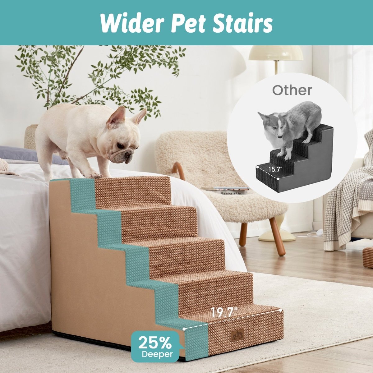 Wider Cozy Bliss foam pet stairs with 25% deeper steps compared to others for better stability. #color_Light Brown
