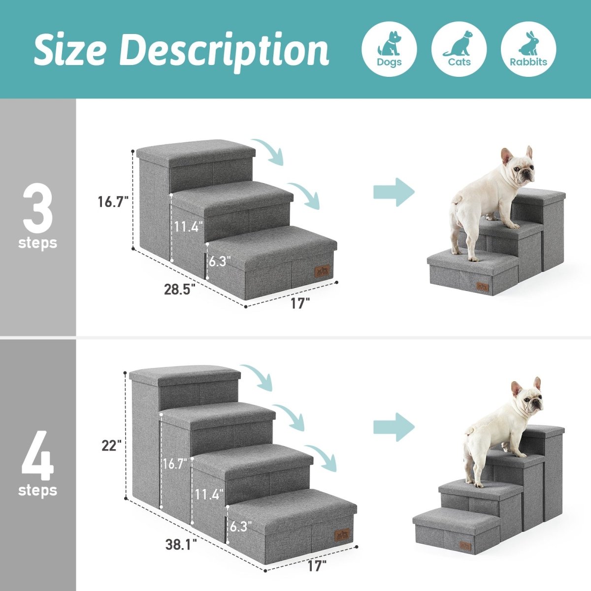 Size description chart for 3-step and 4-step Cozy Bliss storage pet stairs with detailed height and width measurements. #color_Grey