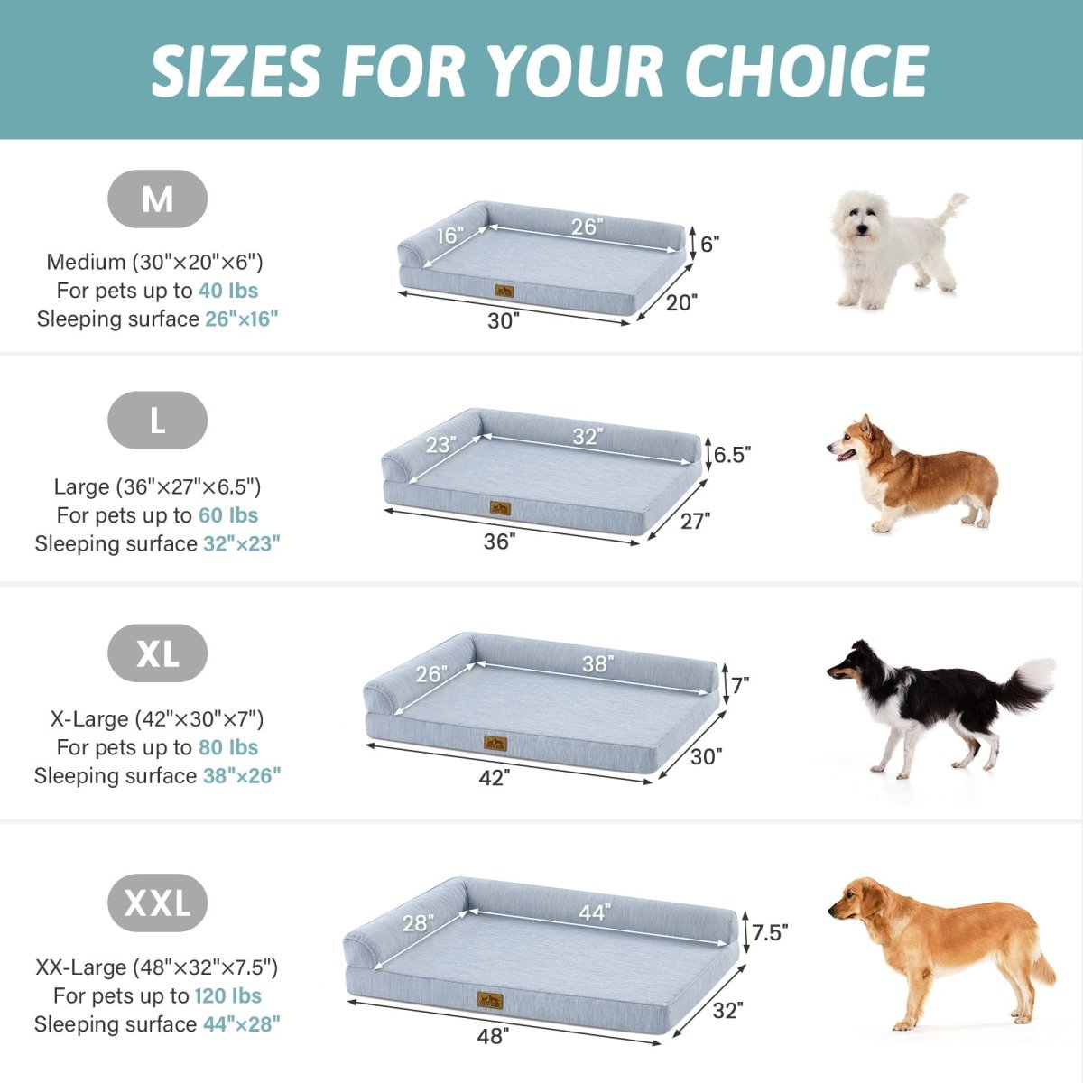 Dog bed size chart with measurements and dog illustrations for different sizes.#color_Cool Blue