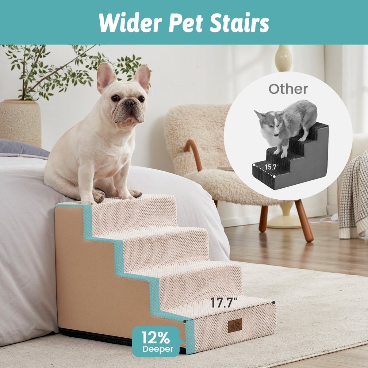 Wider Cozy Bliss foam pet stairs with 12% deeper steps compared to others for better stability. #color_Beige