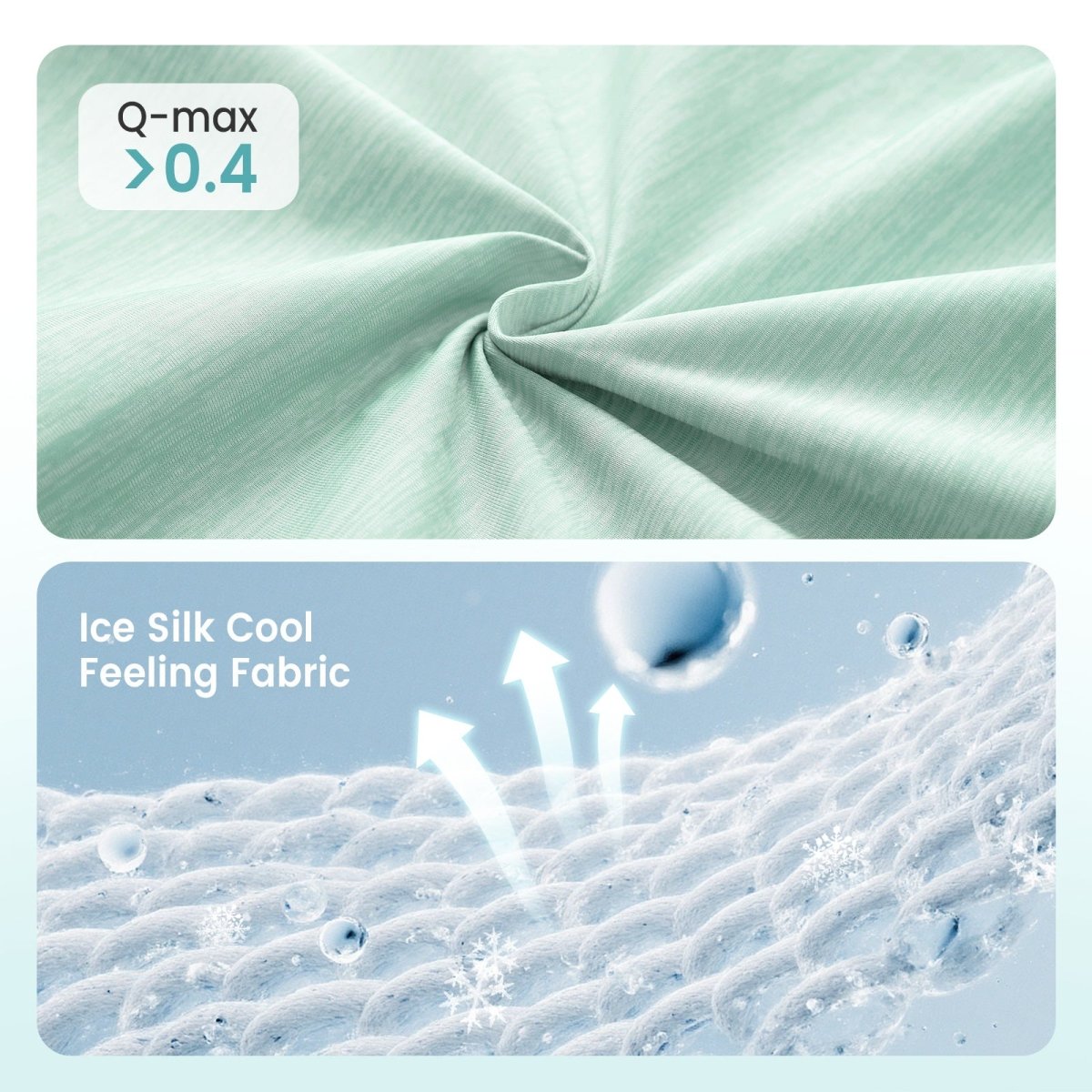 Textured fabric with Q-max > 0.4 label and close-up of fabric texture with water droplet. #color_Light Mint Green