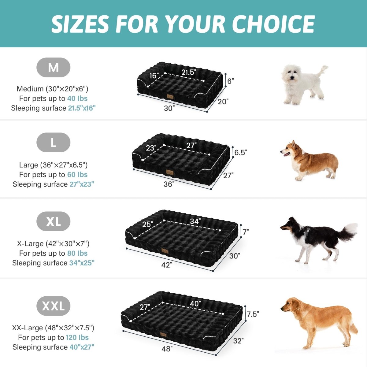 Dog bed size chart with dimensions and weight capacity for different sizes.