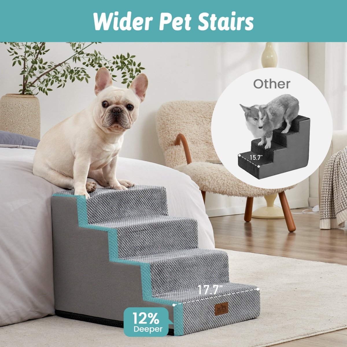 Wider Cozy Bliss foam pet stairs with 12% deeper steps compared to others for better stability. #color_Light Grey