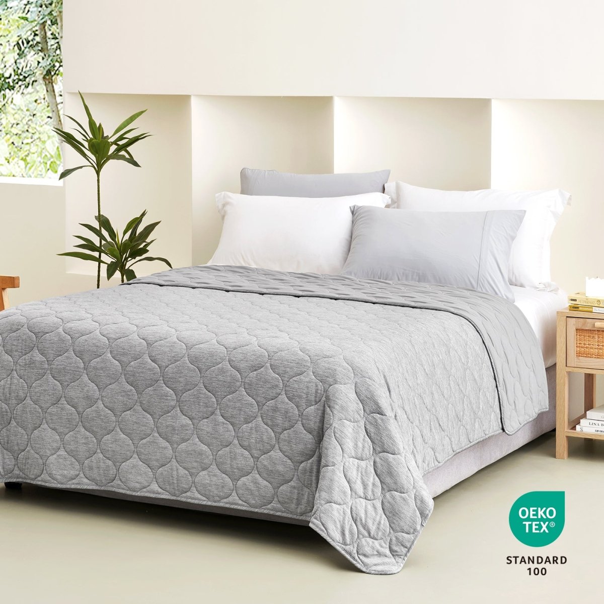 Light Grey cooling blanket on bed, cloud pattern design, OEKO-TEX certified #color_Light Grey