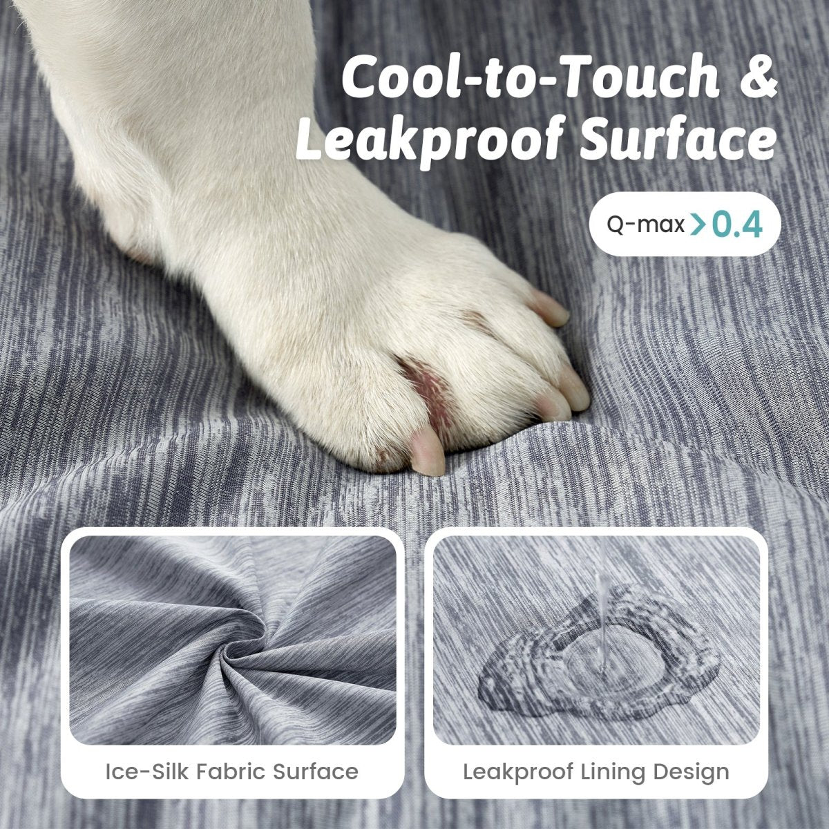 Dog paw on a textured surface with text about cool-to-touch and leakproof design.#color_Grey