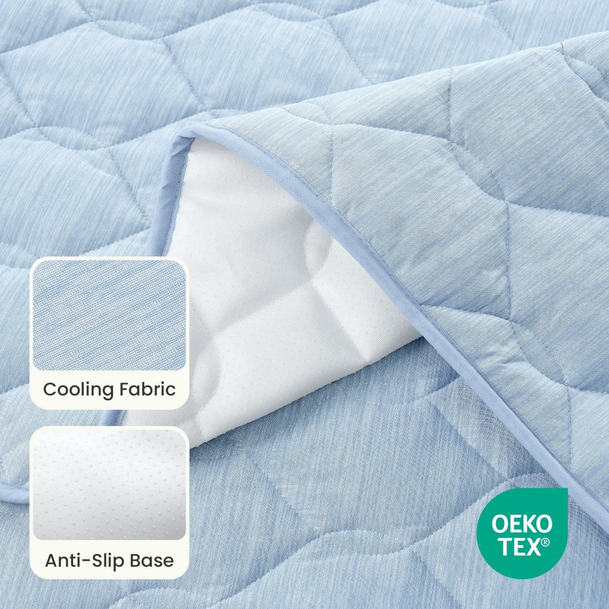 Close up of OEKO-TEX certified Blue couch cover fabric with cooling fabric and anti-slip base.#Color_Cool Blue