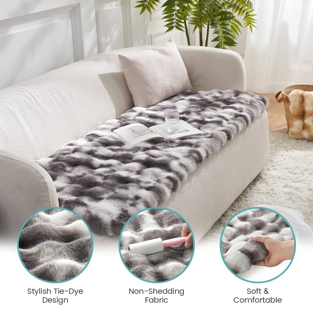 Grey tie-dye couch cover on a sofa with close-up details of fabric texture and care.#color_Tie-dye Grey