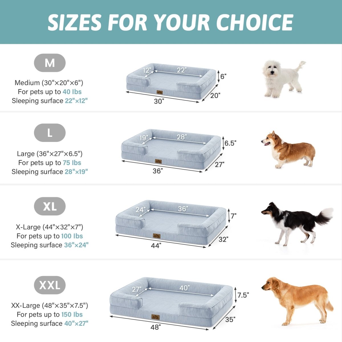 Dog bed size chart with measurements and corresponding dog sizes#color_Cool Blue